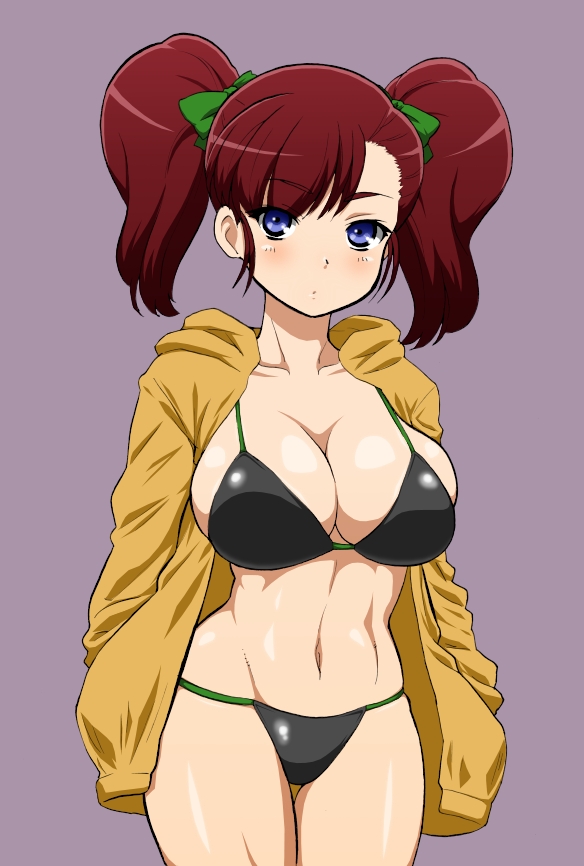 1girl bakusou_kyoudai_let's_&amp;_go!! bikini black_bikini blue_eyes blush hair_bow hokuto_(tokuho) jacket long_hair looking_at_viewer navel oogami_marina open_clothes purple_background red_hair ribbon simple_background solo standing swimsuit twintails