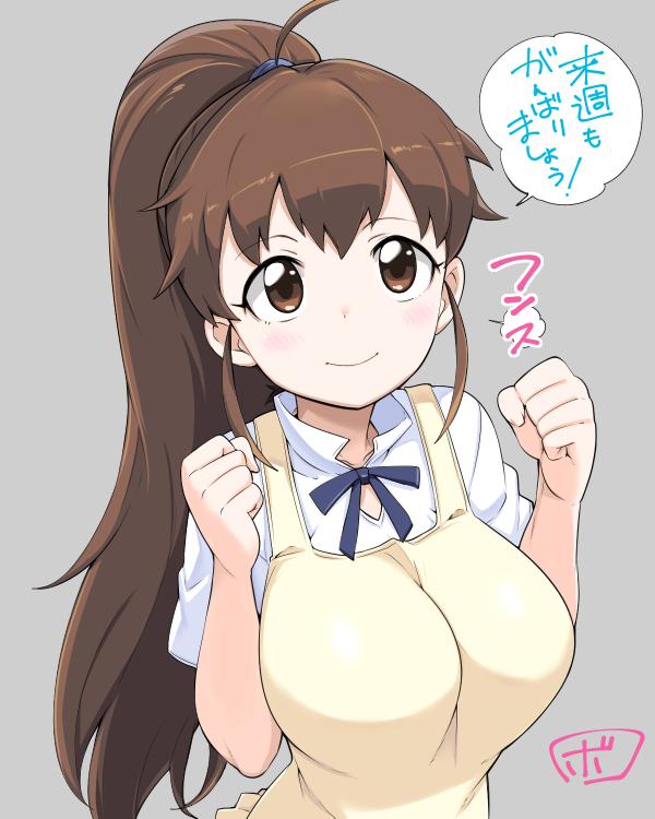 1girl apron bowieknife breasts brown_eyes brown_hair large_breasts long_hair ponytail smile taneshima_popura working!!