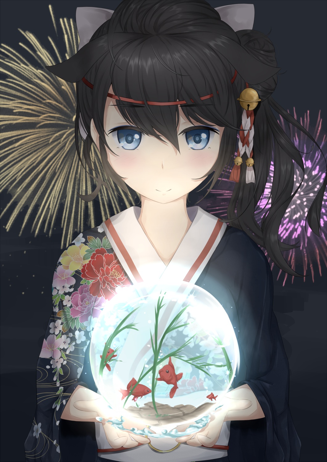 1girl aerial_fireworks black_hair blue_eyes bowl braid commentary_request festival fireworks fish fishbowl glowing goldfish hair_flaps hair_ornament highres japanese_clothes kantai_collection kimono light_smile long_hair looking_at_viewer night obi sash shigure_(kantai_collection) single_braid smile solo takumin_(takumi415) upper_body