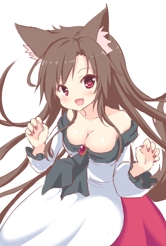 1girl animal_ears blush breasts brooch brown_hair cleavage collarbone dress fang hakuto_(28syuku) heart heart-shaped_pupils imaizumi_kagerou jewelry long_hair long_sleeves looking_at_viewer nail_polish open_mouth red_eyes simple_background smile solo symbol-shaped_pupils tail touhou white_background wolf_ears wolf_tail