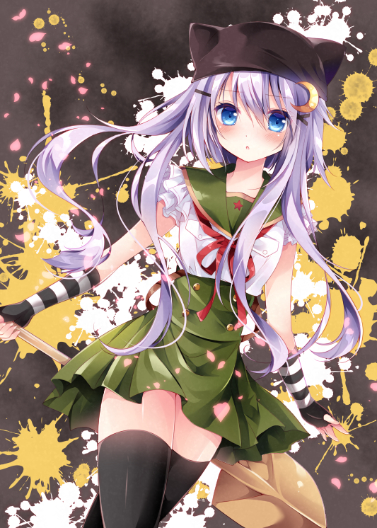 1girl blue_eyes blush cosplay ebisuzawa_kurumi ebisuzawa_kurumi_(cosplay) fingerless_gloves gakkou_gurashi! gloves hair_ornament hat kantai_collection long_hair looking_at_viewer nogi_takayoshi purple_hair school_uniform serafuku shovel skirt solo takeya_yuki takeya_yuki_(cosplay) thighhighs worktool yayoi_(kantai_collection)