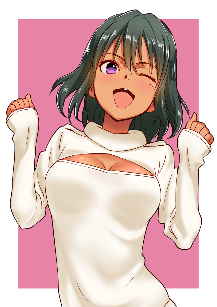 1girl blush breasts cleavage cleavage_cutout dark_skin green_hair halo0002 idolmaster idolmaster_cinderella_girls looking_at_viewer natalia_(idolmaster) one_eye_closed open-chest_sweater open_mouth short_hair smile solo sweater violet_eyes