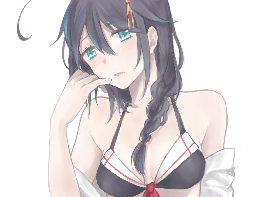 1girl adapted_costume ahoge bare_shoulders bikini black_hair blue_eyes braid breasts collarbone finger_to_mouth hair_flaps hair_ornament kantai_collection long_hair looking_at_viewer parted_lips portrait shigure_(kantai_collection) shirt_down simple_background single_braid solo swimsuit undressing white_background yueko_(nmyeuk)
