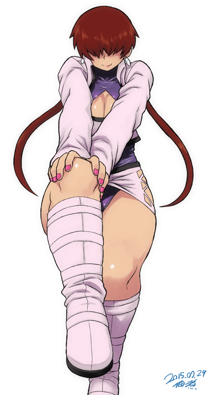 breasts cleavage cleavage_cutout hair_over_eyes hands_on_own_knee king_of_fighters miniskirt redhead shermie skirt smile tsukudani_(coke-buta)