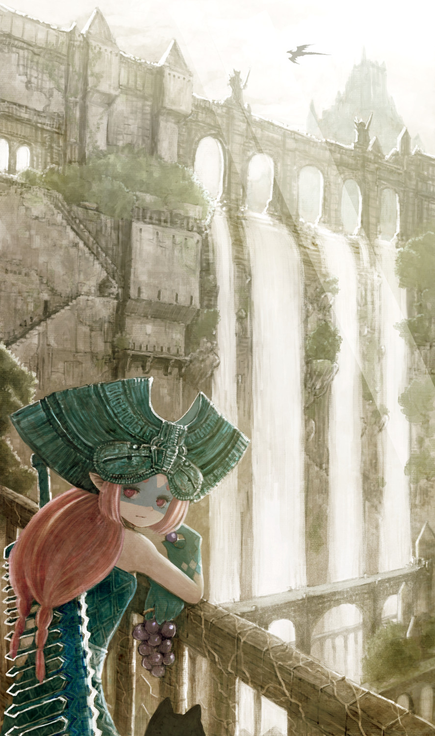 1girl aqueduct black_cat cat dragon fantasy food fruit grapes headpiece highres looking_at_viewer matagiro monster_girl original pink_hair pointy_ears railing red_eyes ruins solo stairs statue water waterfall weapon