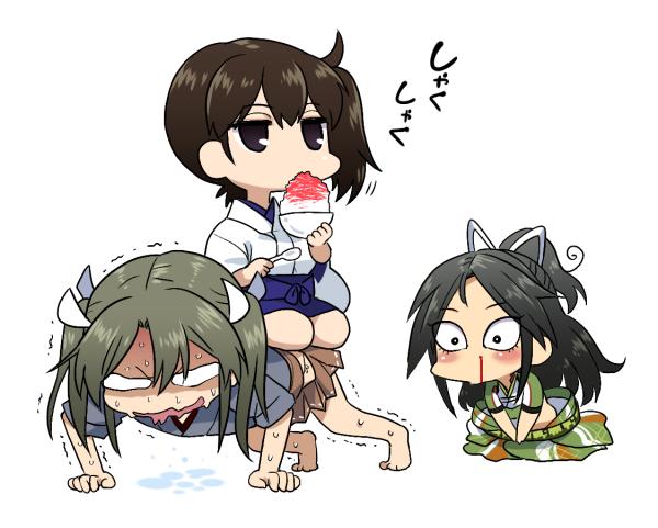 3girls black_hair blood blush_stickers brown_hair commentary_request dessert food grey_hair ice japanese_clothes jitome kaga_(kantai_collection) kantai_collection katsuragi_(kantai_collection) long_hair looking_at_another messy_hair multiple_girls nosebleed open_mouth ponytail side_ponytail sitting sitting_on_person sumeragi_hamao sweat trembling twintails wavy_mouth yuri zuikaku_(kantai_collection)