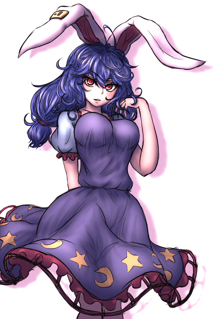 1girl animal_ears arm_behind_back blue_dress blue_hair breasts cowboy_shot crescent dress ear_clip hand_in_hair large_breasts long_hair looking_at_viewer low-tied_long_hair miata_(pixiv) parted_lips puffy_short_sleeves puffy_sleeves rabbit_ears red_eyes seiran_(touhou) shadow short_hair short_sleeves simple_background solo star touhou white_background