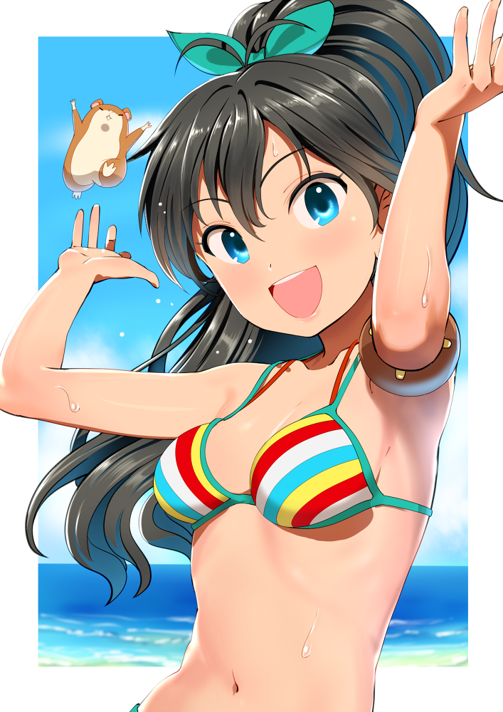 1girl antenna_hair armlet armpits bare_shoulders bikini black_hair blue_eyes blush breasts cleavage ganaha_hibiki hair_ribbon halo0002 hamster idolmaster long_hair looking_at_viewer navel open_mouth ponytail ribbon smile solo sweat swimsuit