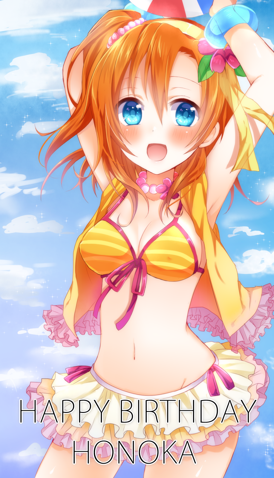 1girl arms_up bikini blue_eyes clouds flower front-tie_top happy_birthday highres kousaka_honoka looking_at_viewer love_live!_school_idol_project midriff navel open_mouth orange_hair short_hair side_ponytail sky smile solo swimsuit vest