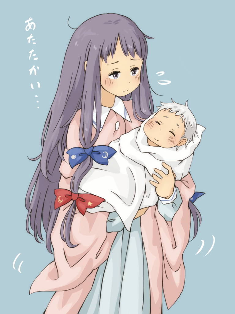 2girls baby blue_background blush bow carrying chii-kun_(seedyoulater) hair_bow izayoi_sakuya long_hair long_sleeves multiple_girls patchouli_knowledge purple_hair simple_background sleeping touhou translated violet_eyes white_hair younger
