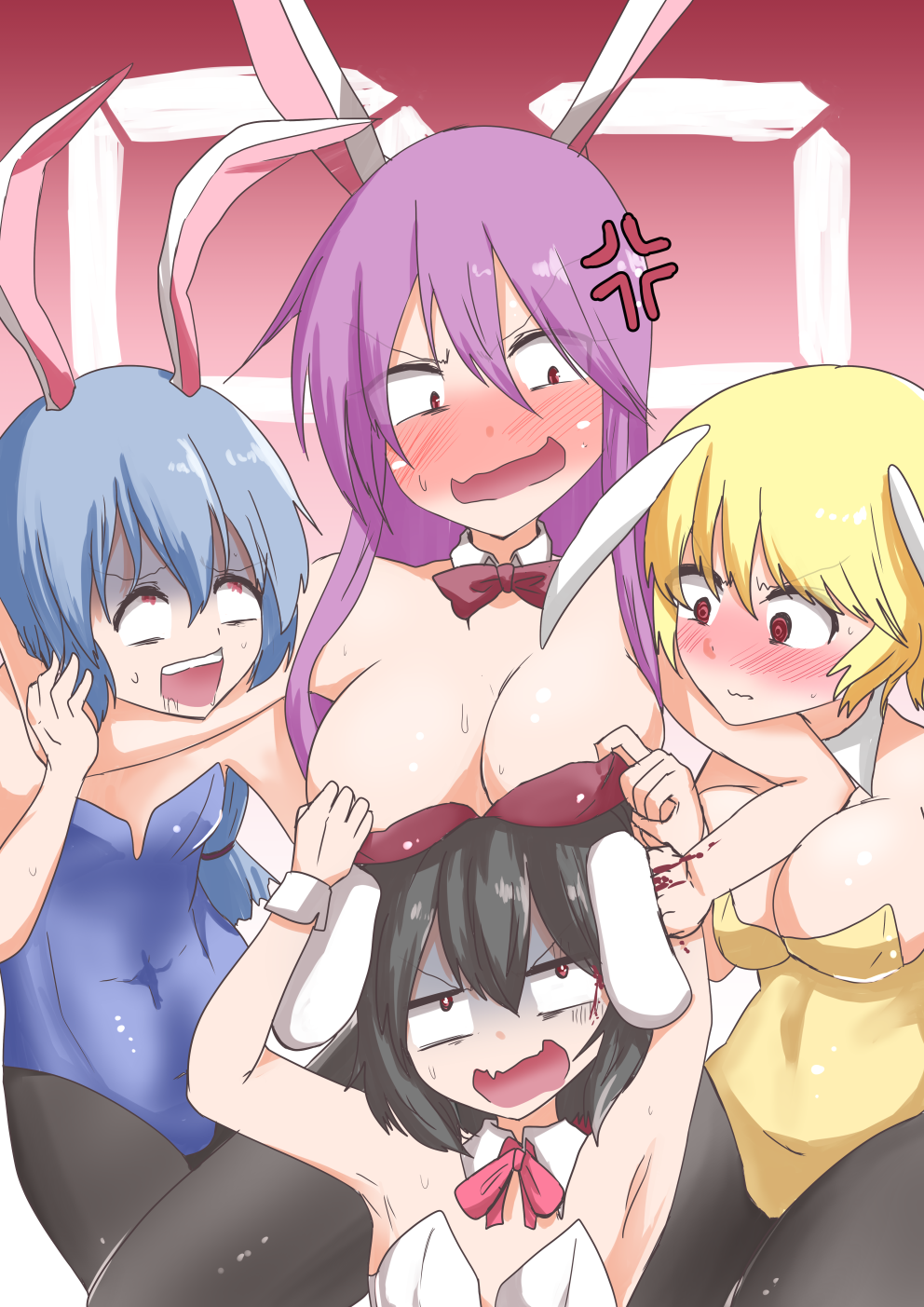 4girls @_@ anger_vein animal_ears armpits asphyxiation bangs black_hair black_legwear blonde_hair blood blue_hair blush bow breasts bunny_girl bunnysuit choking cleavage commentary_request constricted_pupils elbowing eyes_visible_through_hair flat_chest full-face_blush hair_ribbon headlock highres inaba_tewi large_breasts long_hair looking_at_another looking_down multiple_girls open_mouth pantyhose ponytail punching purple_hair rabbit_ears red_eyes reisen_udongein_inaba ribbon ringo_(touhou) rolling_eyes saliva seiran_(touhou) shaded_face short_hair takorice teeth touhou very_long_hair wavy_mouth wrist_cuffs