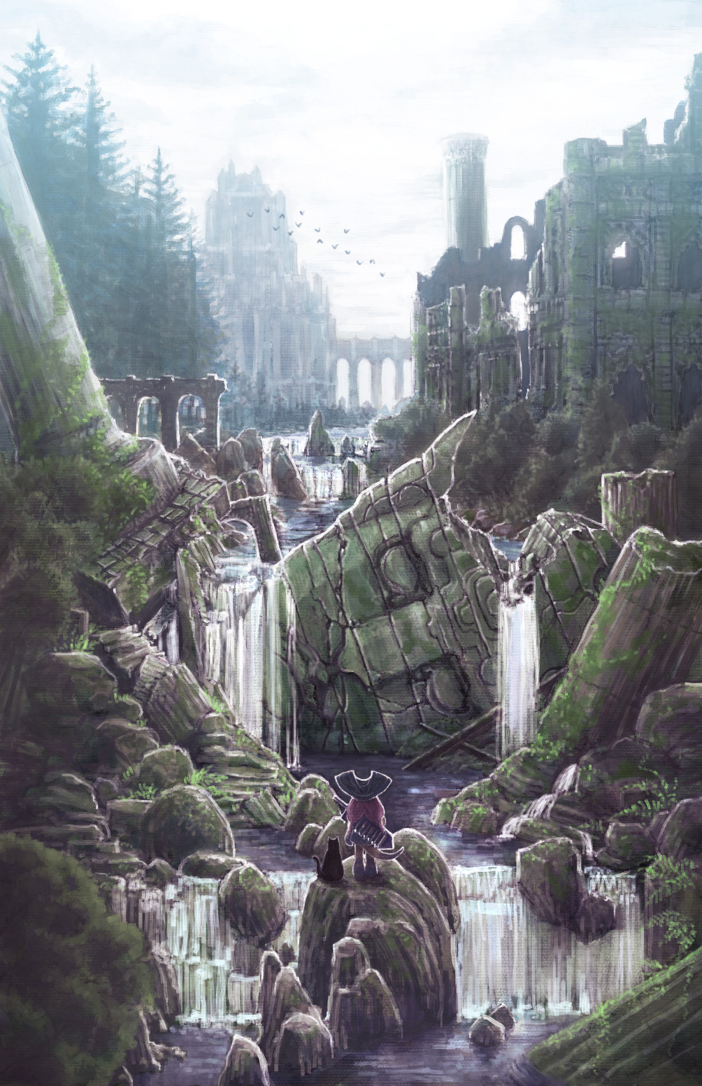 1girl aqueduct bird cat facing_away fantasy flock headpiece highres matagiro monster_girl original pink_hair river ruins scenery tower water waterfall weapon