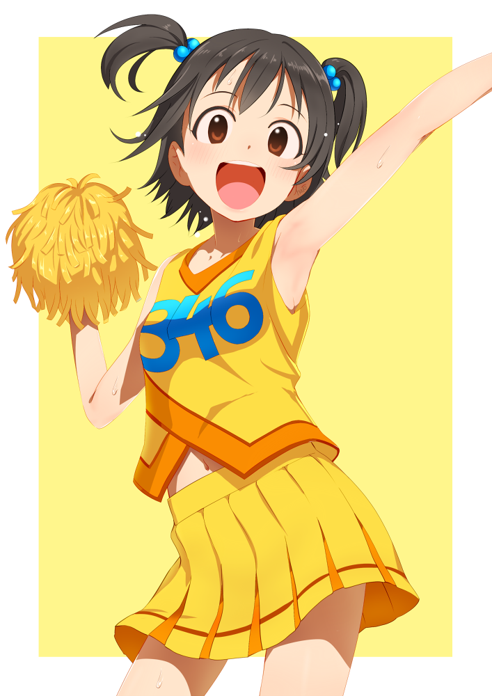 1girl :d akagi_miria armpits black_hair blush brown_eyes cheerleader hair_bobbles hair_ornament halo0002 idolmaster idolmaster_cinderella_girls looking_at_viewer navel open_mouth pom_poms short_hair skirt smile solo twintails two_side_up