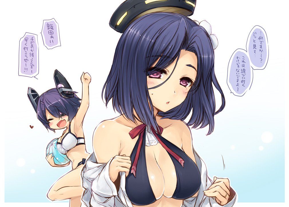 2girls ball beachball bikini black_hair blush breasts cleavage eyepatch fang headgear heart kantai_collection large_breasts looking_at_viewer mechanical_halo multiple_girls open_mouth purple_hair short_hair sketch smile swimsuit tatsuta_(kantai_collection) tenryuu_(kantai_collection) translation_request undressing utsugi_(skydream) violet_eyes