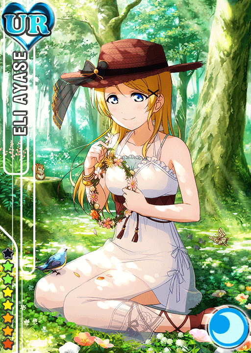 1girl alternate_hairstyle ayase_eli bangs bird blonde_hair blue_eyes blush bracelet butterfly card_(medium) character_name clover collarbone crescent_moon dress flower forest frilled_dress frills hair_ornament hairclip hat heart holding holding_flower jewelry jpeg_artifacts light_rays long_hair looking_down love_live!_school_idol_festival love_live!_school_idol_project moon nature official_art sandals see-through sitting sleeveless sleeveless_dress smile solo squirrel star sun_hat sunbeam sundress sunlight swept_bangs tree tree_stump wariza white_dress