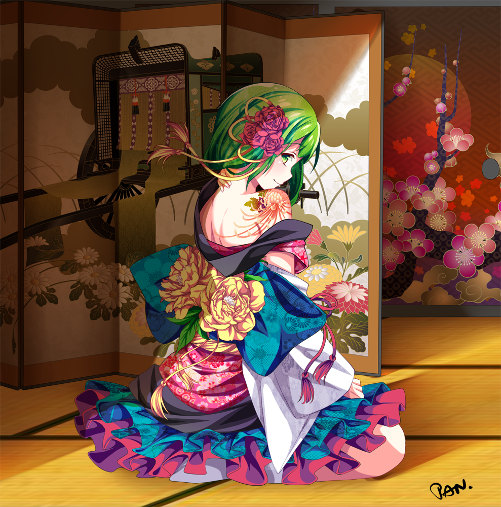 1girl bare_shoulders dahlia daisy floral_print flower folding_screen from_behind goshoguruma green_eyes green_hair gumi hair_flower hair_ornament hand_behind_head indoors japanese_clothes kashi_kosugi kikumon long_sleeves looking_at_viewer looking_back nape off_shoulder on_floor peony_(flower) plum_blossoms profile red_rose rose sayagata signature sitting smile solo tagme tassel tatami tattoo vocaloid whorled_clouds wide_sleeves