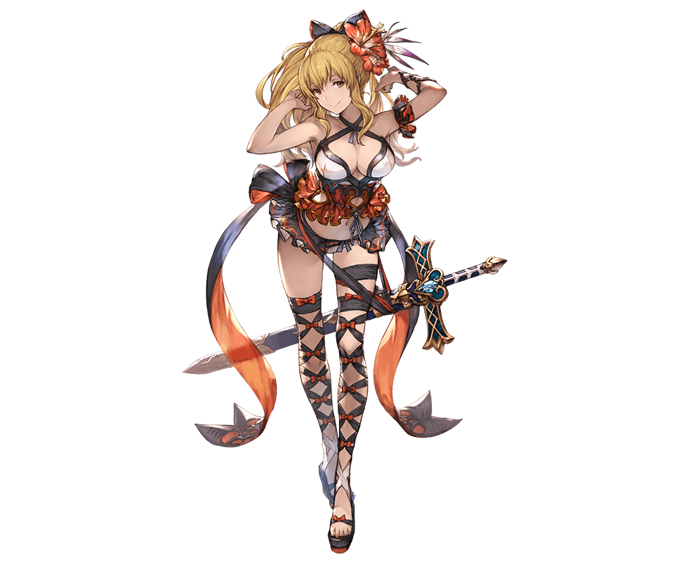 1girl arms_up artist_request bent_over bikini blonde_hair bow breasts brown_eyes cleavage criss-cross_halter cross-laced_legwear flower frilled_bikini frills full_body granblue_fantasy hair_bow hair_flower hair_ornament halter_top halterneck long_hair navel official_art ponytail sandals sidelocks simple_background smile solo swimsuit sword thigh-highs vila weapon white_background