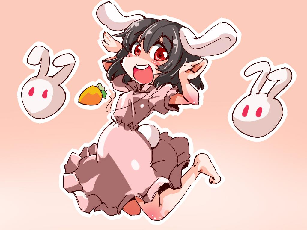 1girl animal_ears black_hair carrot carrot_necklace dress inaba_tewi open_mouth rabbit rabbit_ears red_eyes shinapuu short_hair smile solo tail touhou