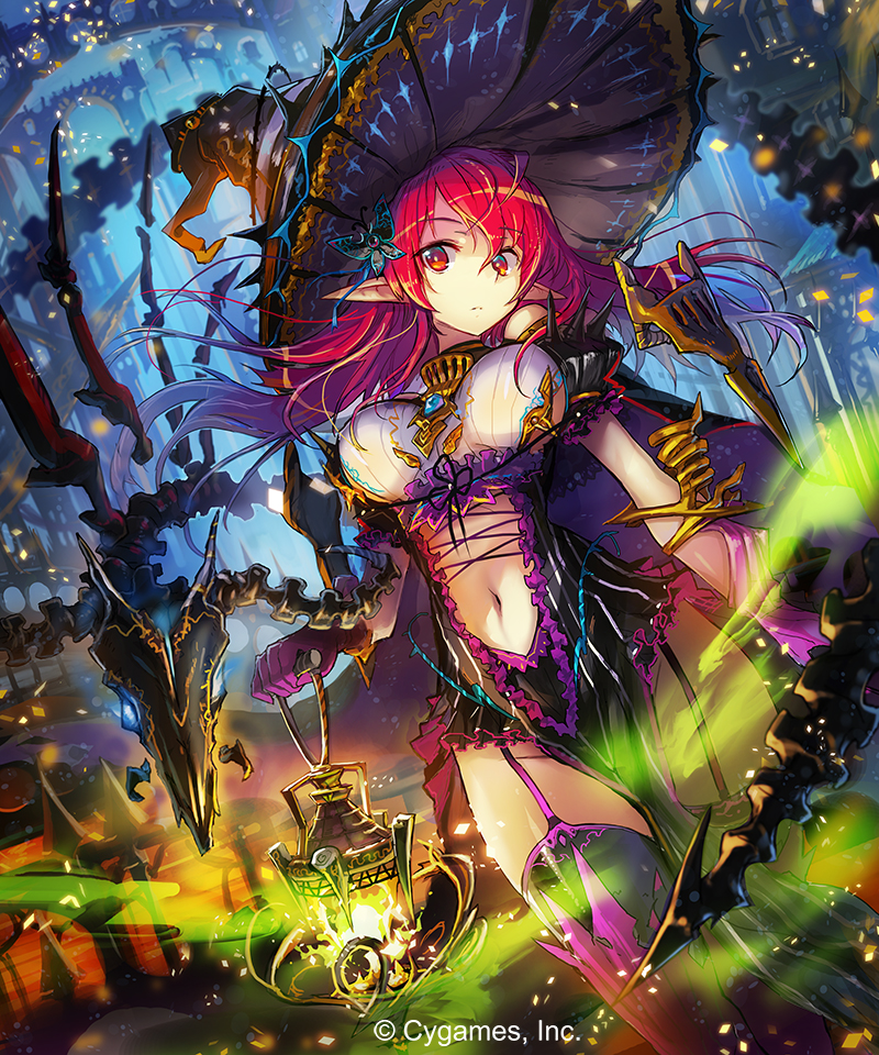 1girl breasts hat lantern long_hair navel pointy_ears red_eyes redhead solo thigh-highs yui_(niikyouzou)