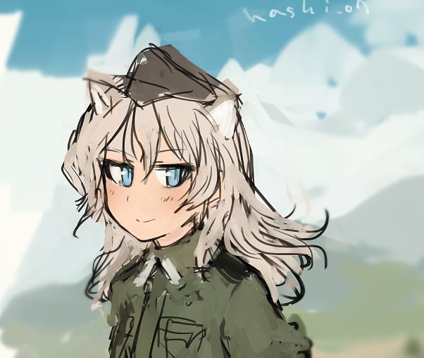 1girl animal_ears blue_eyes cat_ears garrison_cap giuseppina_ciuinni hashigo hat long_hair military military_uniform silver_hair sketch smile solo strike_witches twitter_username uniform