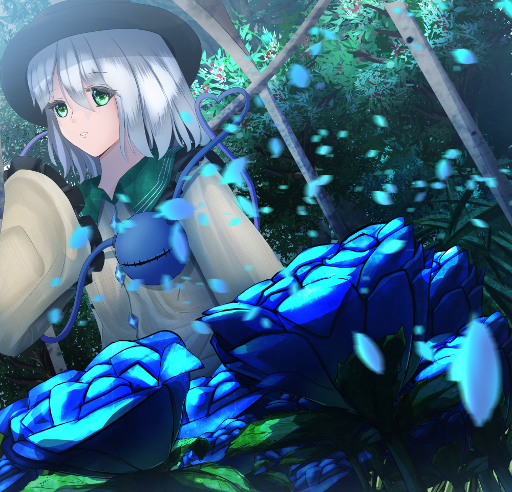 1girl blouse blue_rose cacao_devil flower frilled_sleeves frills green_eyes hands_in_sleeves hat heart heart_of_string iron_bars komeiji_koishi leaf leaf_background looking_at_viewer parted_lips petals rose short_hair side_glance silver_hair solo third_eye touhou