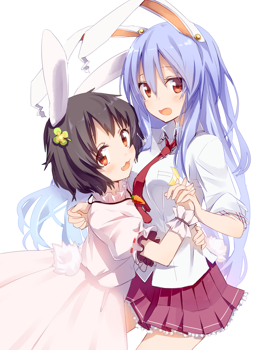 2girls :3 animal_ears brown_eyes brown_hair bunny_tail carrot_necklace fang four-leaf_clover_hair_ornament gochou_(atemonai_heya) holding_hands inaba_tewi looking_at_viewer multiple_girls necktie open_mouth pleated_skirt purple_hair rabbit_ears red_eyes reisen_udongein_inaba skirt tail touhou