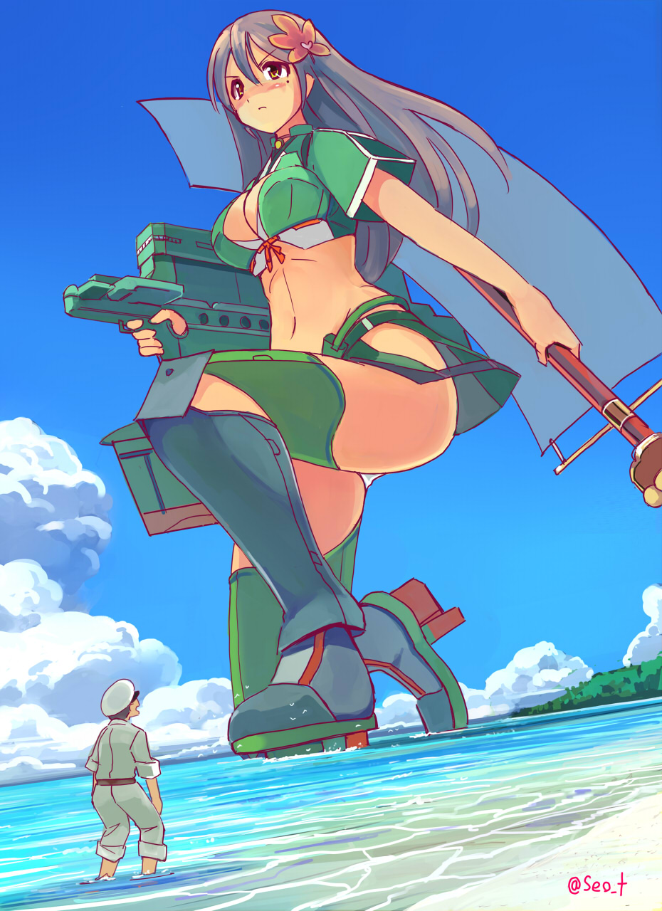 1boy 1girl afloat amagi_(kantai_collection) beach breasts brown_eyes brown_hair cleavage_cutout crop_top flower giantess hair_between_eyes hair_flower hair_ornament highres kantai_collection kneeling large_breasts leaf_hair_ornament long_hair looking_away miniskirt mole mole_under_eye panties pantyshot perspective ponytail seo_tatsuya serious short_sleeves skirt solo staff thigh-highs thighs underwear