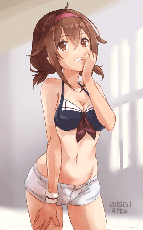1girl bikini_top breasts brown_eyes brown_hair cb cleavage commentary_request cowboy_shot dated hair_between_eyes hairband hand_to_own_mouth indoors kantai_collection leaning_forward navel open_fly shiratsuyu_(kantai_collection) short_shorts short_twintails shorts sketch smile solo twintails twitter_username unzipped wristband