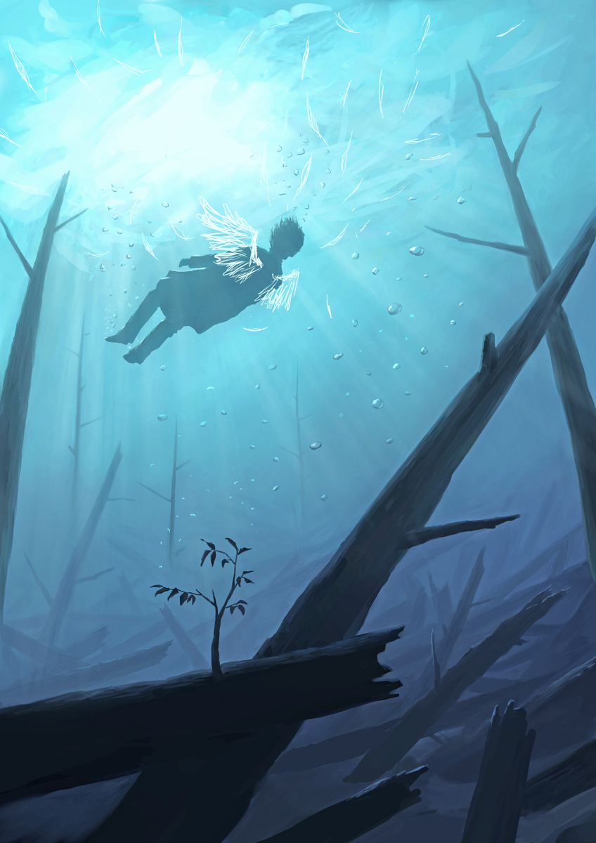 1boy blue bubble feathers highres kayakigi light_rays original rubble silhouette sinking submerged water wings