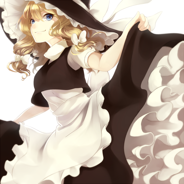 1girl alternate_hairstyle apron blonde_hair blue_eyes bow frilled_skirt frills hair_bow hair_ornament hat hat_ribbon kirisame_marisa long_hair looking_at_viewer low_twintails nemunemu_(bluelight5) puffy_sleeves ribbon shirt short_sleeves simple_background skirt skirt_lift skirt_set smile solo touhou turtleneck twintails vest waist_apron white_background witch_hat