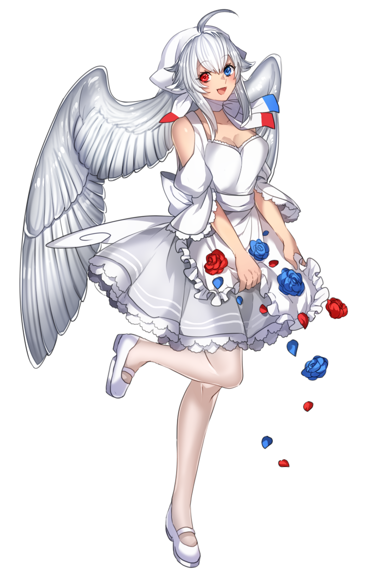 1girl :d ahoge blue_eyes blue_rose flower head_wings heterochromia katagiri_hachigou looking_at_viewer mary_janes open_mouth pantyhose personification pokemon red_eyes red_rose rose shoes simple_background smile solo togekiss white_background white_hair white_legwear white_wings wings