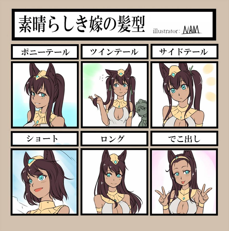 2girls :p alternate_hairstyle animal_ears blue_eyes breasts brown_hair cleavage cleavage_cutout dog_ears double_v flying_sweatdrops genderswap hair_ornament hairband league_of_legends looking_at_viewer multiple_girls nam_(valckiry) nasus personification ponytail renekton side_ponytail sweatdrop tongue tongue_out translated twintails v