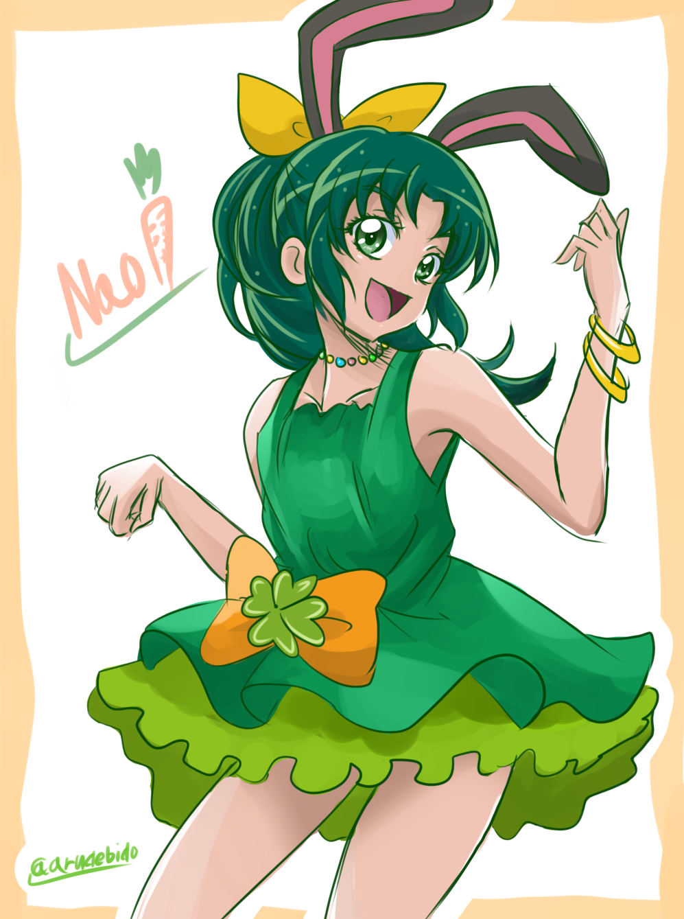 1girl animal_ears arudebido bow carrot character_name green_eyes green_hair green_skirt hair_bow highres jewelry midorikawa_nao necklace orange_bow ponytail precure rabbit_ears short_hair skirt smile_precure! solo twitter_username white_background yellow_bow