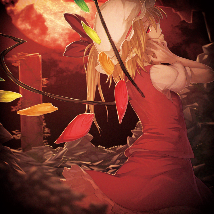 1girl back blonde_hair cover crystal fang flandre_scarlet hat hat_ribbon ibuki_notsu looking_at_viewer mob_cap moon open_mouth pointy_ears profile puffy_sleeves red_eyes red_moon ribbon shirt short_hair short_sleeves side_ponytail skirt skirt_set smile solo touhou vest wings