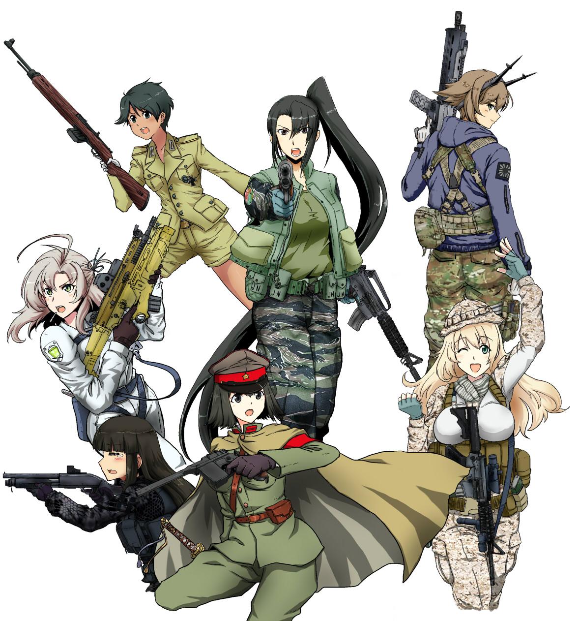 acog akitsu_maru_(kantai_collection) assault_rifle atago_(kantai_collection) bushmaster_acr camouflage camouflage_pants car-15 eotech fn_scar gewehr_43 gloves grenade_launcher gun handgun hatsuyuki_(kantai_collection) headgear headset helmet highres iron_cross kantai_collection kinugasa_(kantai_collection) load_bearing_vest long_hair m1911 m4_carbine mauser_c96 military military_uniform mogami_(kantai_collection) mossberg_500 mutsu_(kantai_collection) nachi_(kantai_collection) operator pants pistol rifle shotgun sling underbarrel_grenade_launcher uniform vertical_foregrip weapon wolf_(raidou-j)