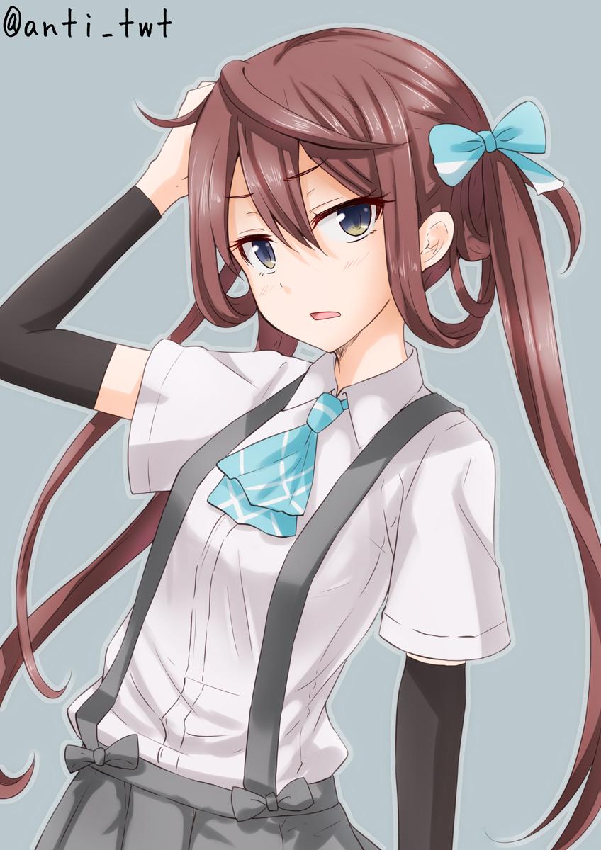 1girl anti_(untea9) arm_up arm_warmers asagumo_(kantai_collection) blue_eyes brown_hair commentary_request dress_shirt grey_background grey_eyes hair_between_eyes hair_ribbon hand_on_own_head highres kantai_collection long_hair looking_at_viewer open_mouth pleated_skirt ribbon school_uniform serafuku shirt simple_background skirt solo suspenders twintails twitter_username