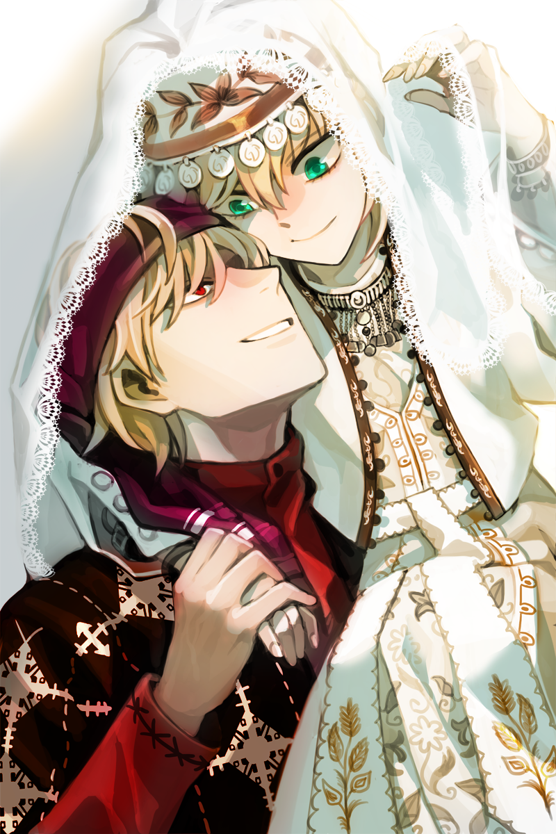 1boy 1girl blonde_hair carrying couple fate/stay_night fate_(series) gilgamesh green_eyes hat hetero highres holding_hands jisue10 red_eyes saber short_hair smile traditional_clothes veil