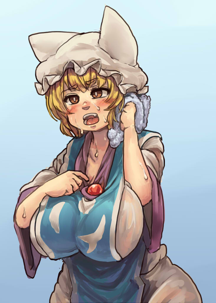 blonde_hair blue_sky blush breasts brown_eyes chanta_(ayatakaoisii) cleavage cowboy_shot dress fang hat hips hot huge_breasts long_sleeves no_tail open_mouth see-through short_hair simple_background sky sweat tabard teeth thick_thighs thighs tongue touhou towel wet wet_clothes white_dress wiping_sweat yakumo_ran