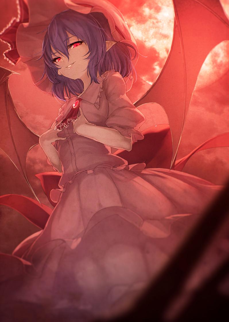 1girl ascot bat_wings blue_hair bow dress frilled_dress frilled_skirt frills full_moon hand_on_own_chest hat hat_ribbon ibuki_notsu looking_at_viewer mob_cap moon puffy_short_sleeves puffy_sleeves red_eyes red_moon remilia_scarlet ribbon shoes short_hair short_sleeves skirt skirt_set smile socks solo touhou wings wrist_cuffs