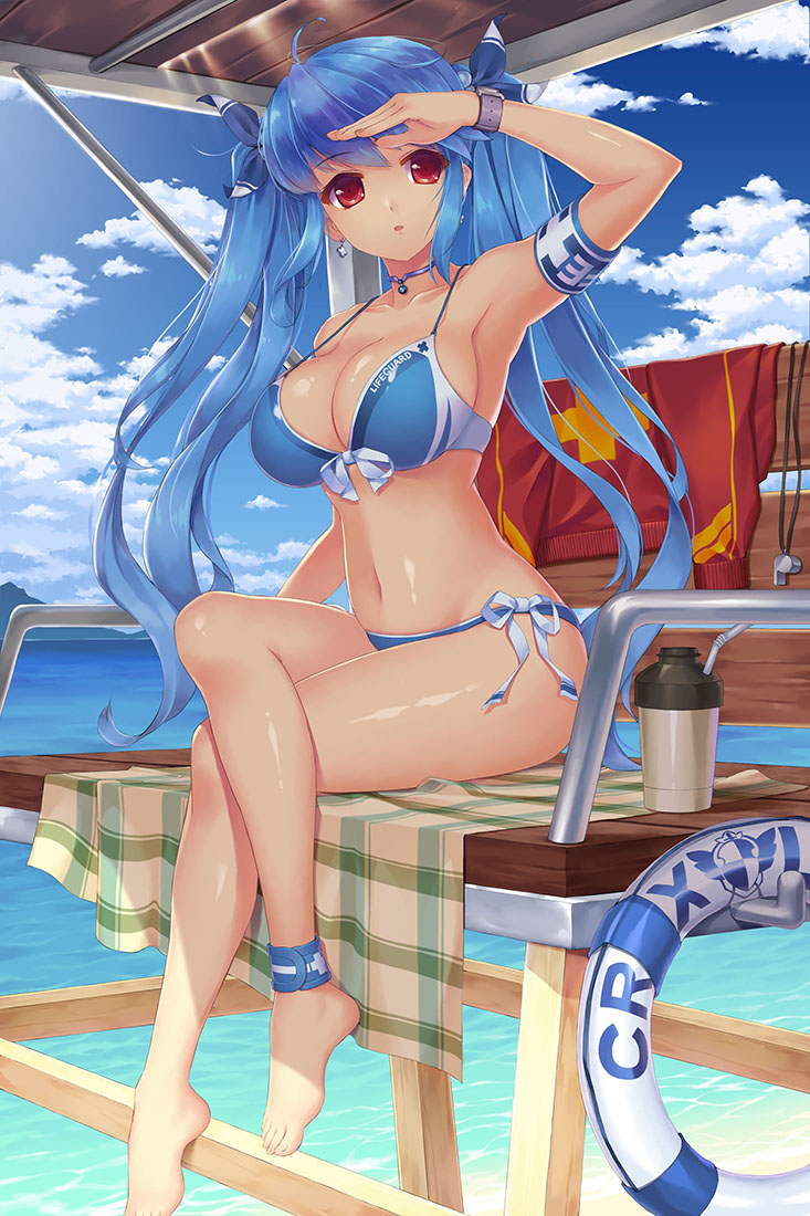 1girl ahoge anklet arm_up armband barefoot bikini blue_hair choker clouds crossed_legs earrings feet female front-tie_bikini front-tie_top full_body hair_ribbon innertube jewelry lifeguard lifeguard_chair loneteel long_hair luthica_preventer navel red_eyes ribbon shading_eyes shiny shiny_skin side-tie_bikini sitting sky solo strap_gap swimsuit sword_girls tareme twintails very_long_hair watch water whistle