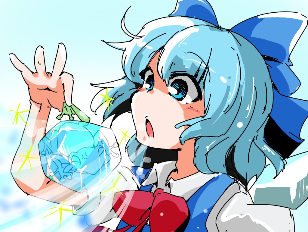 1girl anger_vein blue_eyes blue_hair bow cirno dress frog frozen hair_bow ice ice_wings open_mouth shinapuu short_hair solo touhou wings