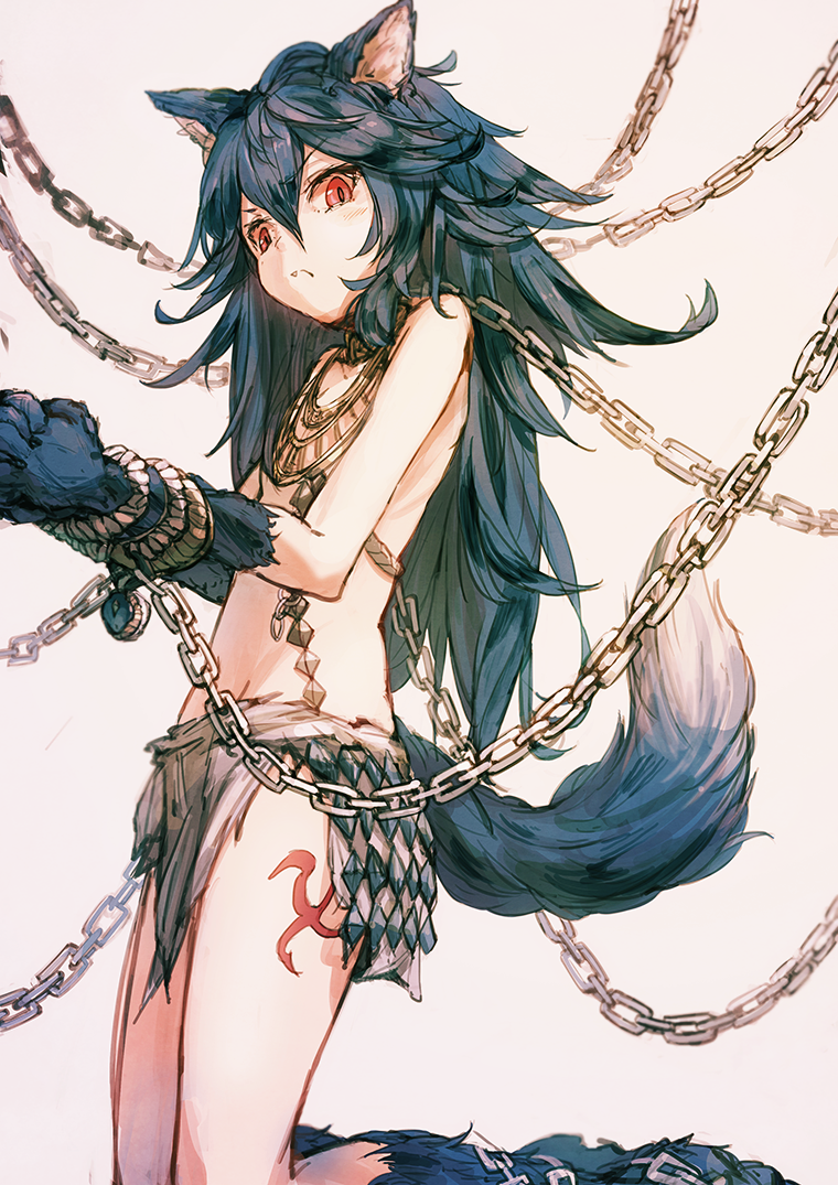 1girl amoranorem animal_ears blue_hair bound_wrists chain fang flat_chest frown granblue_fantasy kneeling long_hair looking_at_viewer paws red_eyes solo tail