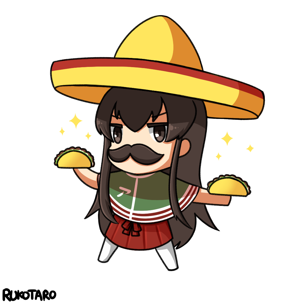 1girl akagi_(kantai_collection) brown_hair commentary fake_mustache hat kantai_collection long_hair pantyhose poncho rukotaro skirt solo sombrero taco