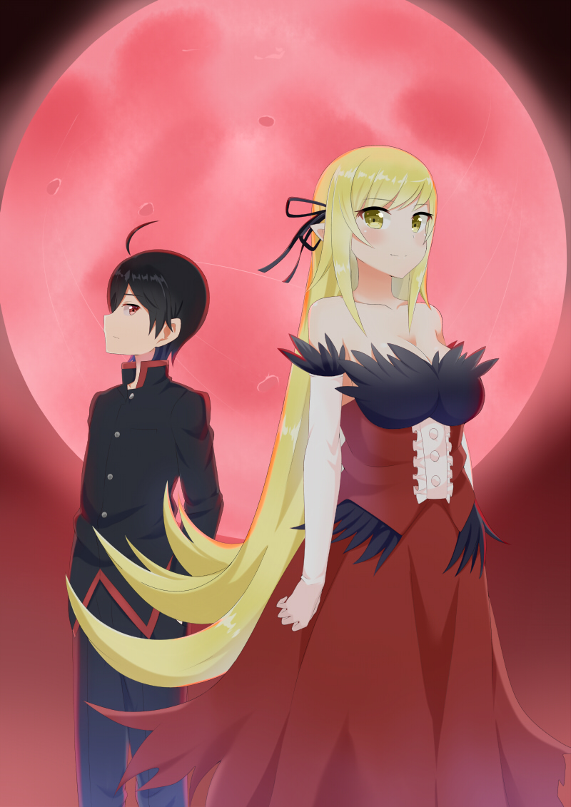 1boy 1girl araragi_koyomi bakemonogatari black_hair blonde_hair dress gakuran kiss-shot_acerola-orion_heart-under-blade long_hair monogatari_(series) moon pointy_ears red_eyes red_moon school_uniform short_hair very_long_hair yamae_saki yellow_eyes