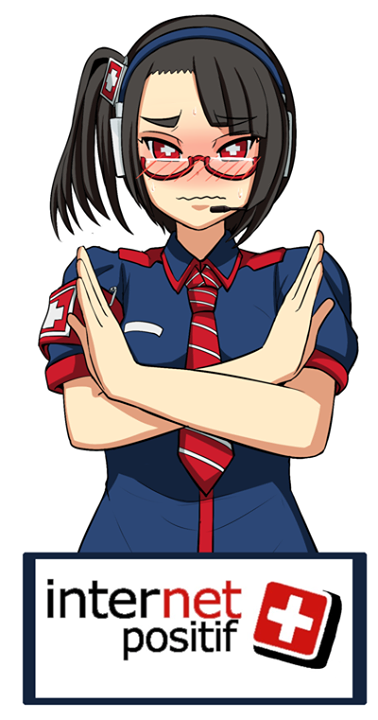 1girl armband black_hair blush crossed_arms french glasses headphones indonesian ipo-chan necktie original personification red_eyes rouzille side_ponytail solo spring_roll_circle striped striped_necktie swiss_flag symbol-shaped_pupils translated