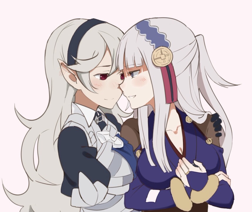 2girls blue_eyes blush breasts bridal_gauntlets chocotto715 cleavage collarbone ear_blush fire_emblem fire_emblem_if hairband jewelry kiss long_hair multiple_girls my_unit_(fire_emblem_if) nose_kiss pink_background pointy_ears puffy_short_sleeves puffy_sleeves pulled_by_self red_eyes ring short_sleeves silver_hair simple_background syalla_(fire_emblem_if) upper_body yuri