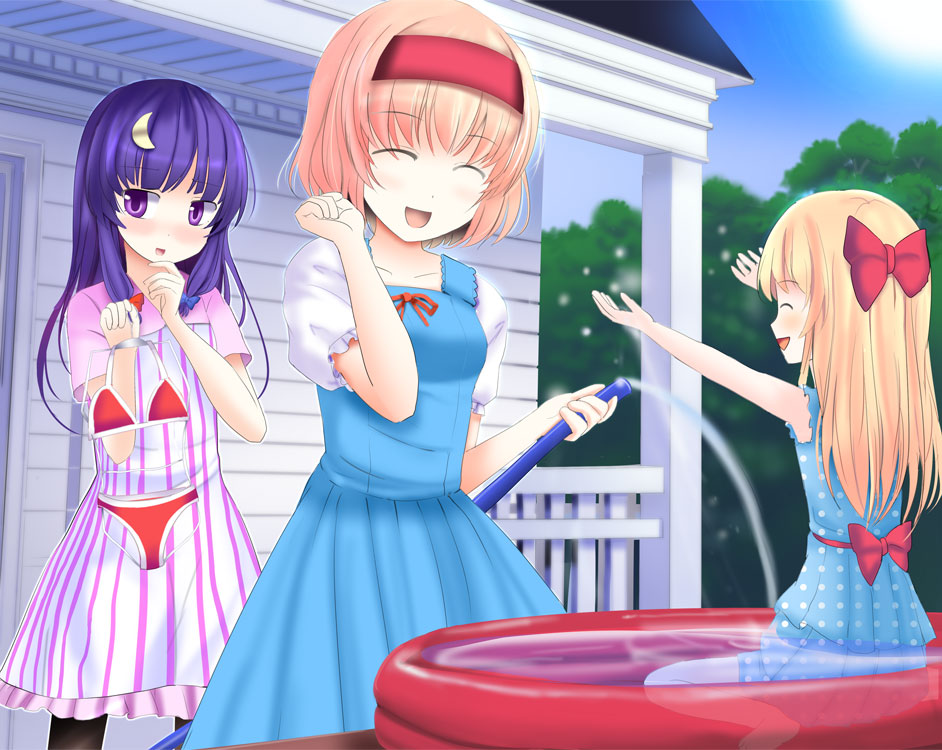 3girls a_(aaaaaaaaaaw) adapted_costume alice_margatroid alternate_costume arms_up bikini blonde_hair blue_dress blush bow closed_eyes crescent_hair_ornament dress hair_bow hair_ornament hairband hose long_hair looking_to_the_side multiple_girls no_hat open_mouth pantyhose partially_submerged patchouli_knowledge polka_dot polka_dot_dress pool profile puffy_sleeves purple_hair red_bikini shanghai_doll short_hair short_sleeves smile striped striped_dress swimsuit touhou vertical_stripes violet_eyes water_hose