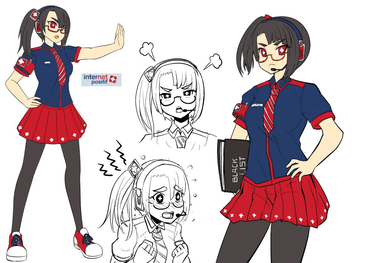 &gt;:( 1girl armband black_hair blue_shirt blush glasses headphones headset indonesian ipo-chan necktie original pantyhose personification plus_sign red_eyes red_skirt rouzille shirt side_ponytail skirt spring_roll_circle striped striped_necktie symbol-shaped_pupils