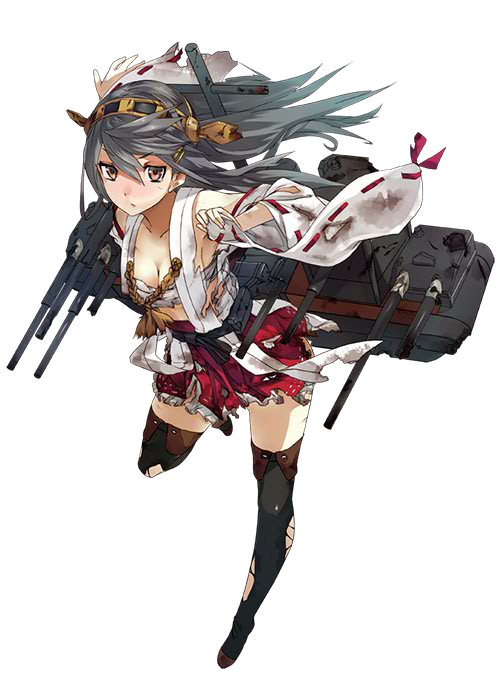 1girl black_hair black_legwear boots breasts cleavage damaged detached_sleeves frilled_skirt frills full_body hair_ornament hairband hairclip haruna_(kantai_collection) kantai_collection konishi_(koconatu) leg_up long_hair machinery nontraditional_miko official_art orange_eyes red_skirt sarashi skirt solo thigh-highs thigh_boots torn_clothes torn_skirt torn_thighhighs transparent_background turret zettai_ryouiki