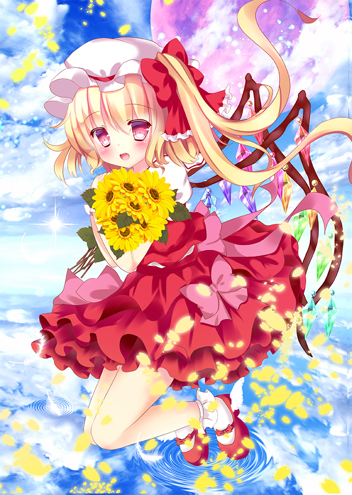 1girl blonde_hair blush bow feathered_wings flandre_scarlet flower hat hat_bow mary_janes mob_cap moon open_mouth petals red_eyes red_moon rika-tan_(rikatantan) sash shoes side_ponytail solo standing standing_on_water touhou wings